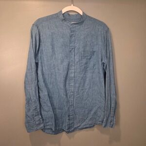 Mind Bridge Men's Collarless Button Up Shirt 100% Flax Blue Size 100cm Chest